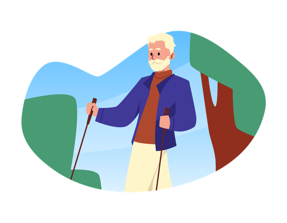 Aktiver Senior führt Nordic Walking mit Stöcken durch, Großvater im Ruhestand trainiert im Park  Illustration