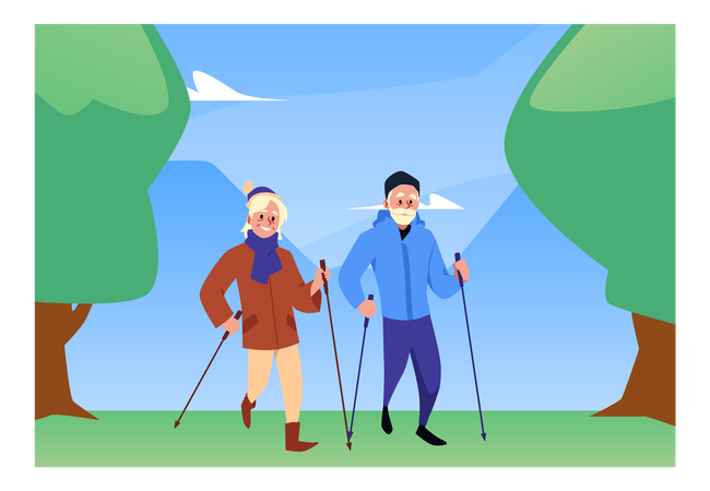 Aktives Rentnerpaar beim Nordic Walking mit Stöcken in natürlicher Landschaft  Illustration