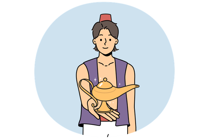 Aladino sonriente sosteniendo una lámpara maravillosa  Ilustración