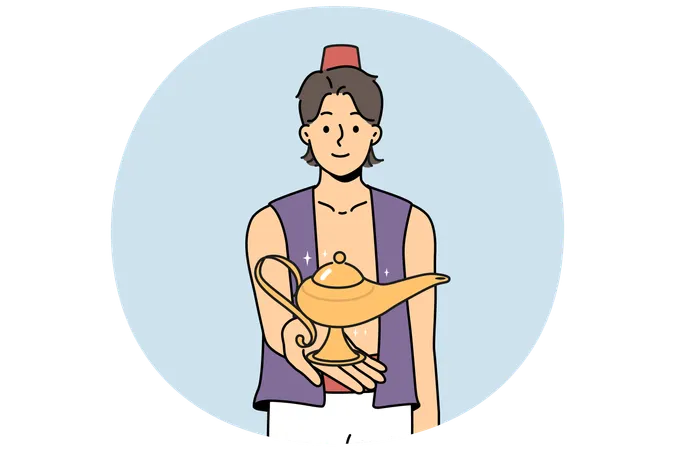 Aladino sonriente sosteniendo una lámpara maravillosa  Ilustración