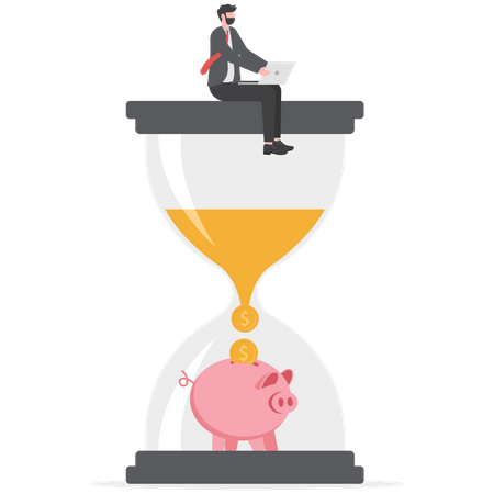 Alarm clock and timer into sandglass falling to money profit return  Illustration