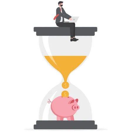 Alarm clock and timer into sandglass falling to money profit return  Illustration