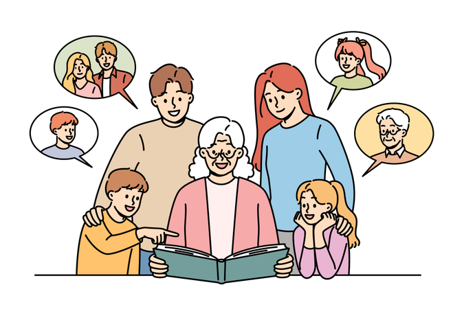 Álbum de fotos de família olhando para a avó feliz com netos e filhos  Ilustração