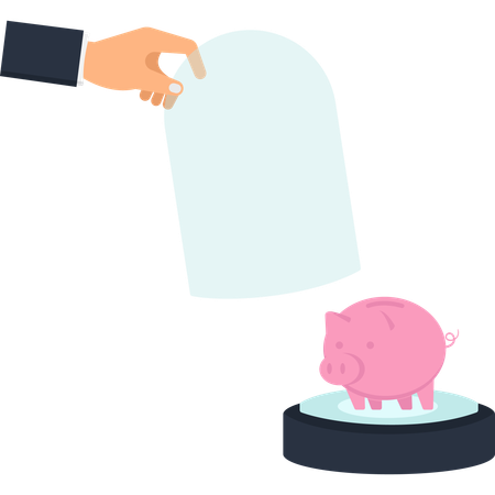 Alcancía bajo una cúpula de cristal. Mano sosteniendo ahorros financieros.  Ilustración