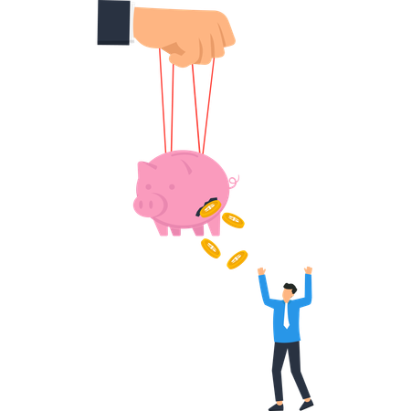 Alcancía con hilos de marionetas y monedas cayendo sobre un empresario emocionado  Ilustración