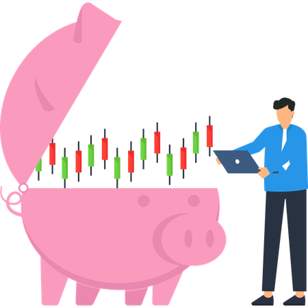 Alcancía con gráfico de acciones y empresario analizando datos financieros en una computadora portátil  Ilustración