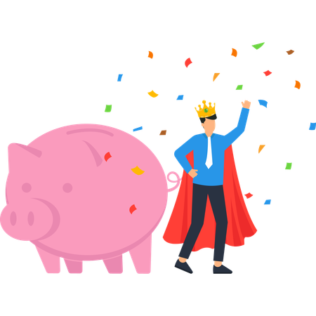 Alcancía y superhéroe celebrando el éxito con confeti  Ilustración