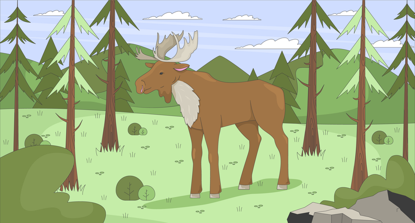 Alce de pie en un claro del bosque de montaña  Ilustración