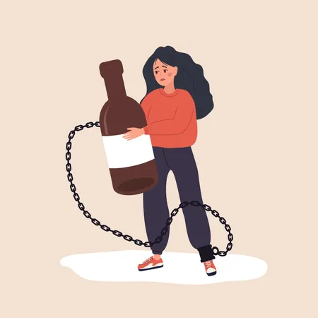 Chronic Alcoholism Drunk Woman Chained To A Bottle Of Booze Problems In Life Unhealthy Lifestyle Awareness Alcohol Addiction Vector Illustration In Flat Cartoon Style Illustration