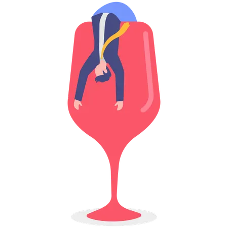 ガラスの上に横たわるアルコール依存症のビジネスマン  イラスト