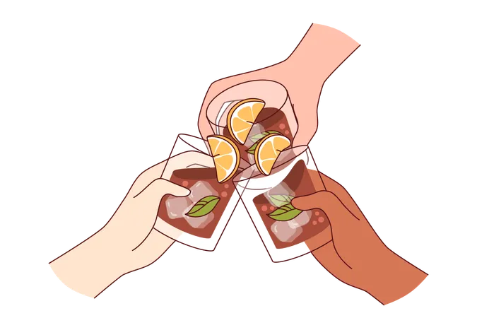 ライムと氷を入れたウイスキーを飲む人々の手にグラスに入ったアルコール飲料  イラスト