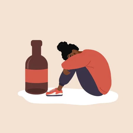 Dipsomania Concept Depressed African Woman Sitting On Floor And Hugging Her Knees Alcoholic Mother Alcohol Addiction Vector Illustration In Flat Cartoon Style Illustration
