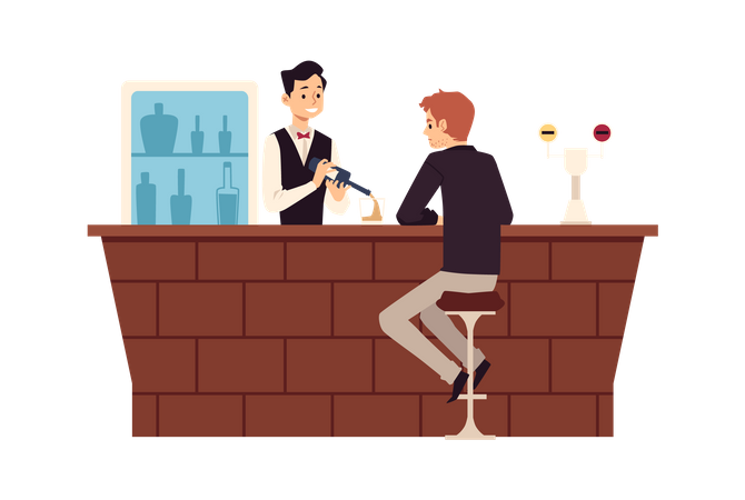 Homme accro à l'alcool assis au bar  Illustration