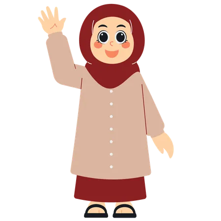 Chica musulmana alegre agitando la mano  Ilustración