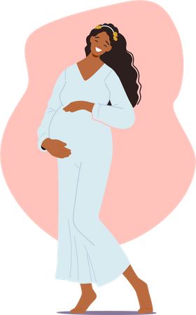 Mulher grávida alegre e deslumbrante irradiando felicidade usando um vestido longo que acentua suas curvas  Ilustração