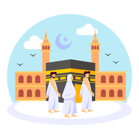 Familia alegre realizando la Umrah y realizando el Tawaf  Ilustración