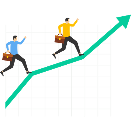 Alegre hombre de negocios corriendo desde un gráfico que crece desde una tableta  Ilustración