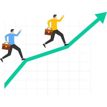 Alegre hombre de negocios corriendo desde un gráfico que crece desde una tableta  Ilustración