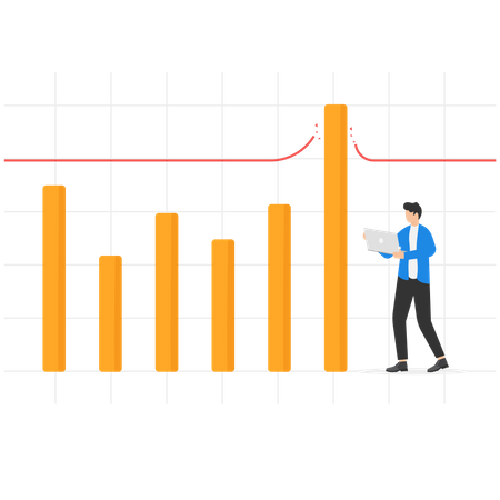 Un hombre de negocios alegre viendo un gráfico de barras rompiendo la línea récord  Ilustración