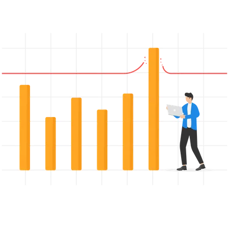 Un hombre de negocios alegre viendo un gráfico de barras rompiendo la línea récord  Ilustración