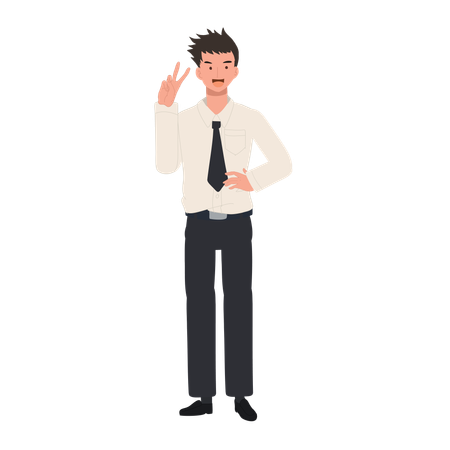 Alegre estudiante universitario tailandés en uniforme haciendo el signo de la mano de la paz  Ilustración