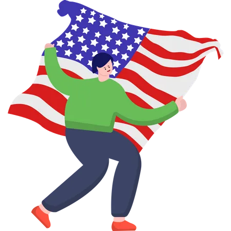 Garota alegre da independência comemorando com a bandeira dos EUA  Ilustração