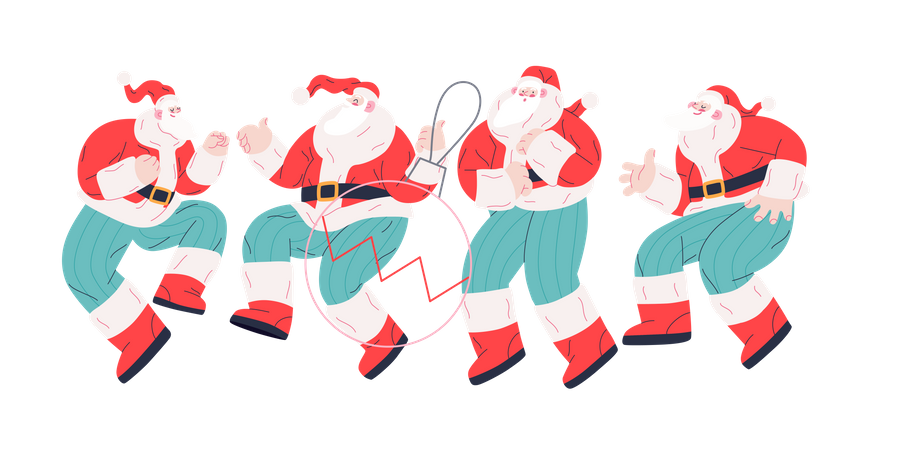 Alegre grupo de Papá Noel bailando de diferentes maneras.  Ilustración