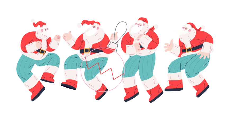 Alegre grupo de Papá Noel bailando de diferentes maneras.  Ilustración