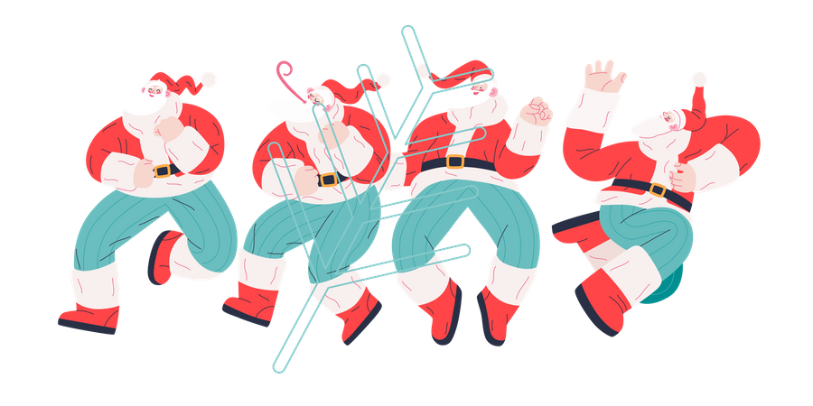 Alegre grupo de Papá Noel bailando de diferentes maneras.  Ilustración