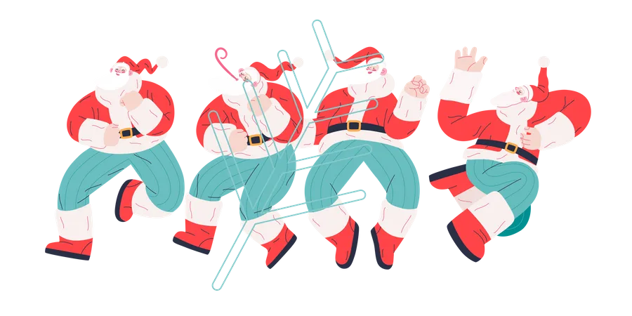 Alegre grupo de Papá Noel bailando de diferentes maneras.  Ilustración