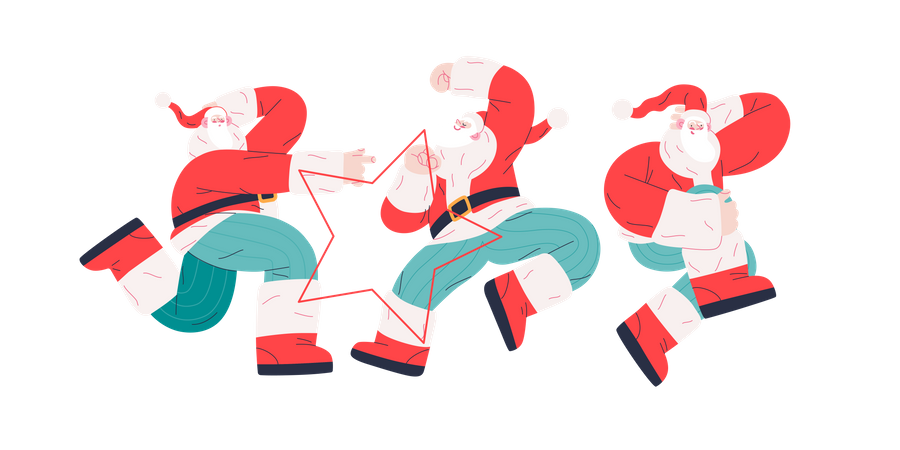 Alegre grupo de Papá Noel bailando de diferentes maneras.  Ilustración