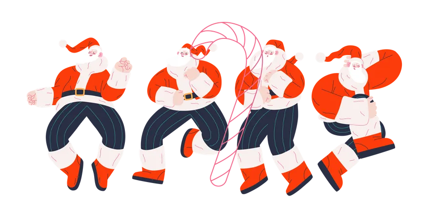 Alegre grupo de Papá Noel bailando de diferentes maneras.  Ilustración