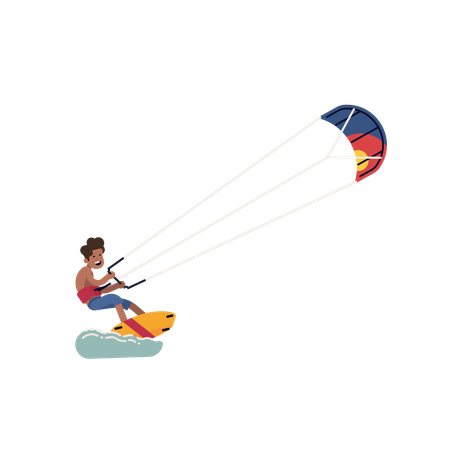 Kiteboarder alegre puxado por uma pipa poderosa  Ilustração