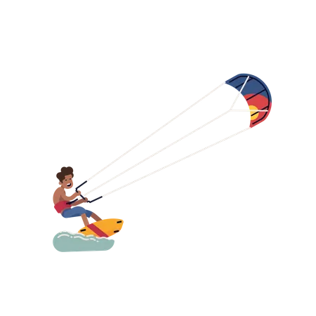 Kiteboarder alegre puxado por uma pipa poderosa  Ilustração