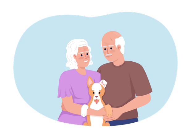 Alegre pareja de jubilados con cachorro en manos  Ilustración