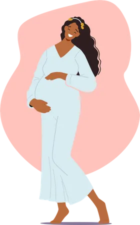 Alegre e impresionante mujer embarazada irradiando felicidad luciendo un vestido largo que acentúa sus curvas  Ilustración