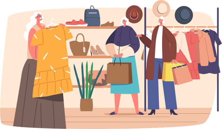 Mujeres mayores alegres con bolsas de compras comprando ropa en el centro comercial  Ilustración