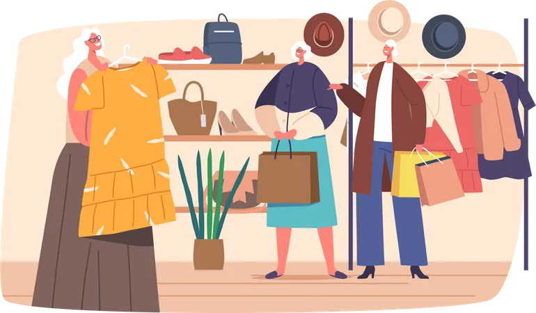 Mujeres mayores alegres con bolsas de compras comprando ropa en el centro comercial  Ilustración