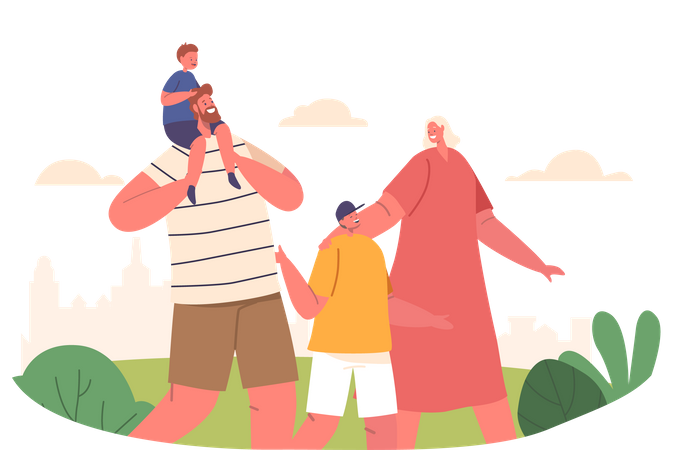 Personajes familiares alegres, padres e hijos paseando por el parque.  Ilustración