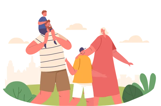 Personajes familiares alegres, padres e hijos paseando por el parque.  Ilustración