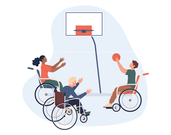 Alegres discapacitados en silla de ruedas jugando baloncesto  Ilustración