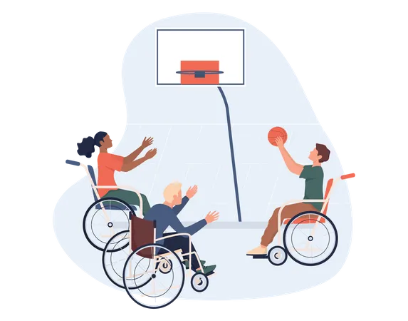 Alegres discapacitados en silla de ruedas jugando baloncesto  Ilustración