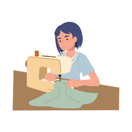 Alfaiate em uma máquina de costura trabalhando em roupas feitas à mão  Ilustração
