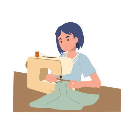 Alfaiate em uma máquina de costura trabalhando em roupas feitas à mão  Ilustração