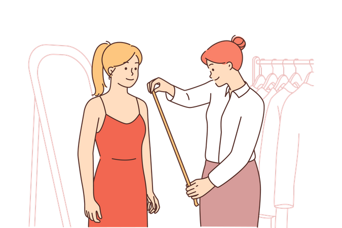 Alfaiate feminino tomando medição de vestido  Ilustração