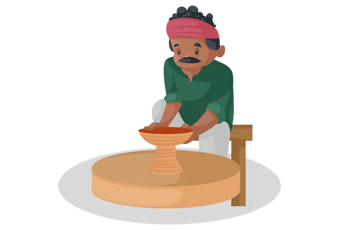El alfarero indio está haciendo una vasija de barro en la rueca  Ilustración