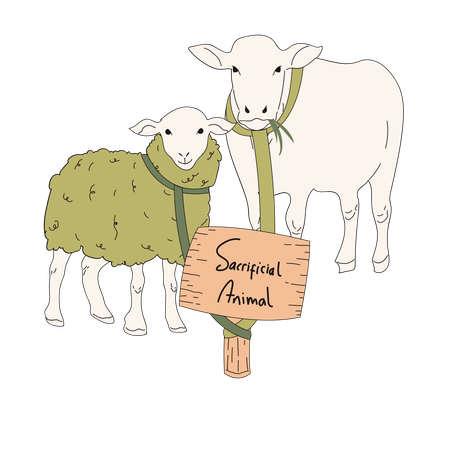 Algunos animales de sacrificio atados a la madera.  Ilustración