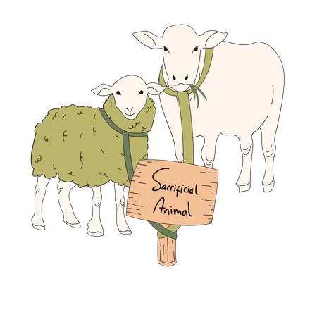 Algunos animales de sacrificio atados a la madera.  Ilustración