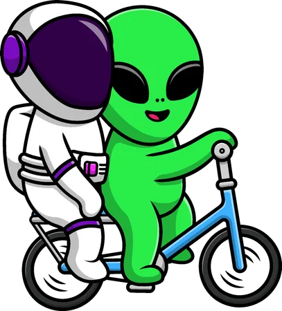 Alien And Astronaut Riding Bicycle  Illustration