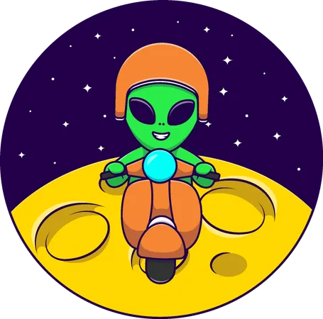 Alien andando de scooter na lua  Ilustração